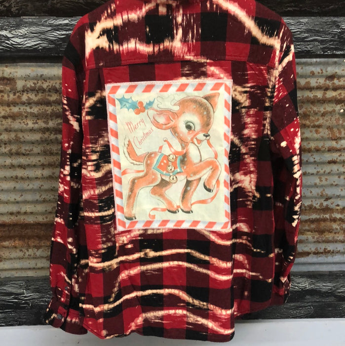 RED PLAID BLEACHED FLANNEL BUTTON UP SHIRT WITH VINTAGE DEER PATCH-2XL