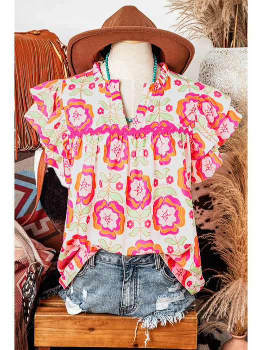 Floral Ruffle Sleeve Ric-Rac Trim Split Neck Loose Blouse