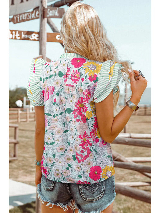 Floral Contrast Ruffle Trim Short Sleeve Blouse