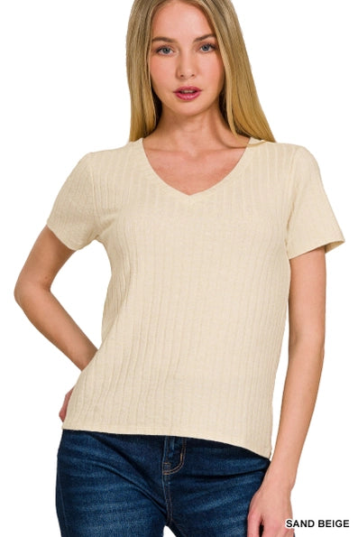Ribbed Short Sleeve V Neck Top