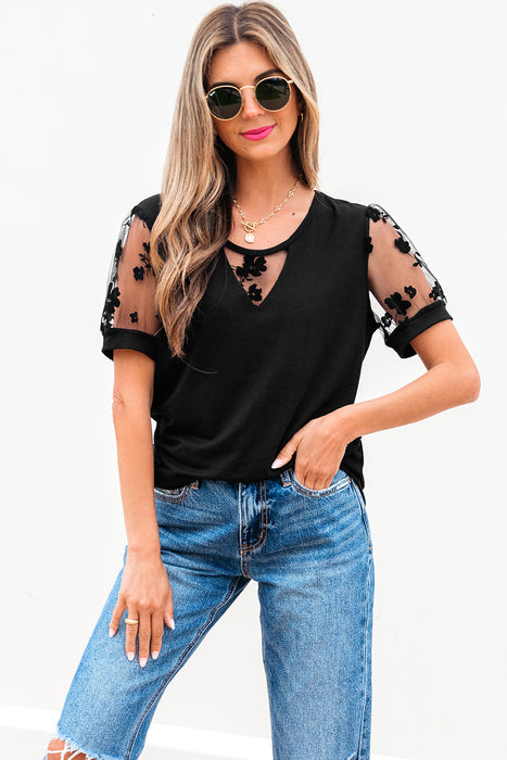 Floral Lace Patchwork Crew Neck T Shirt