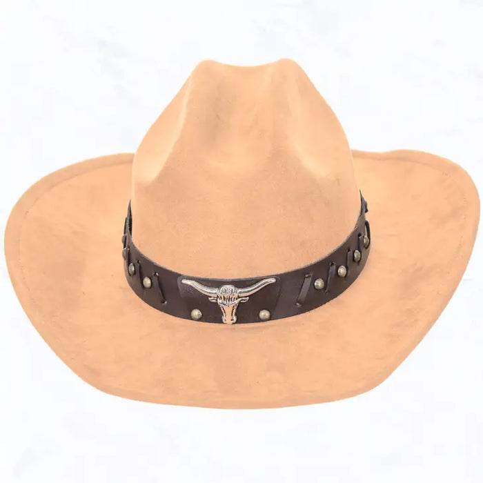 Metal Long Horn Leather Belt, Big Brim Suede Cowboy Fedora