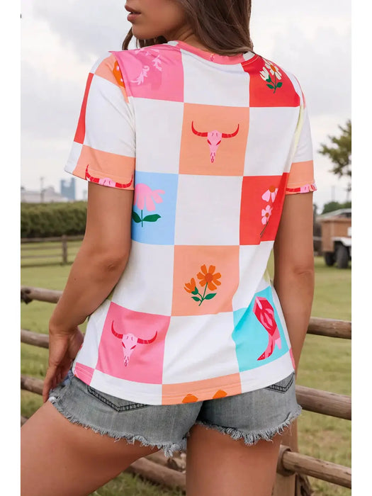 Western Fashion Checker Print Crewneck T Shirt