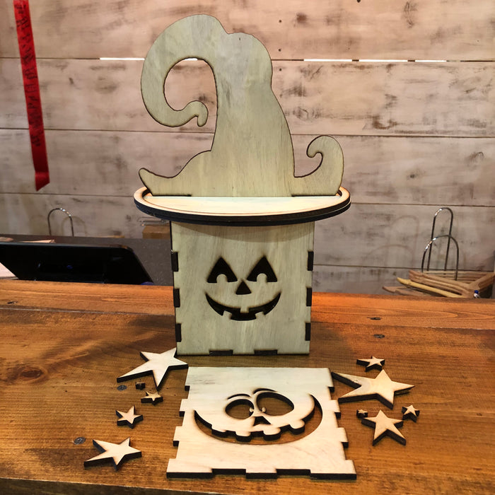 Pumpkin with Witch Hat wooden Lantern (UNPAINTED)
