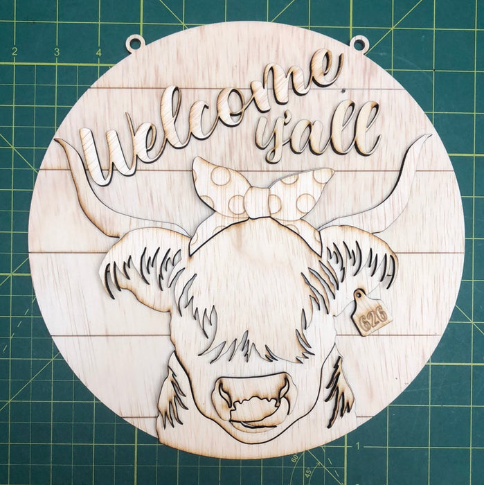 10 Inch Round Welcome Y'all Highland Cow Stacked Sign