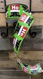 2 1/2 Inch X 25 Yards Ribbon -Green with Santa Boots and Ho Ho