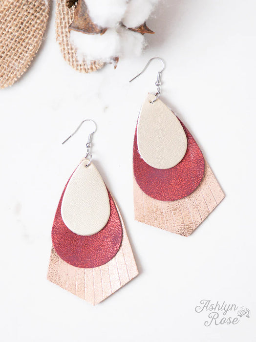 ALL IN FRINGE 3 TIERED ROSE GOLD GLITTER FRINGED EARRINGS, RED