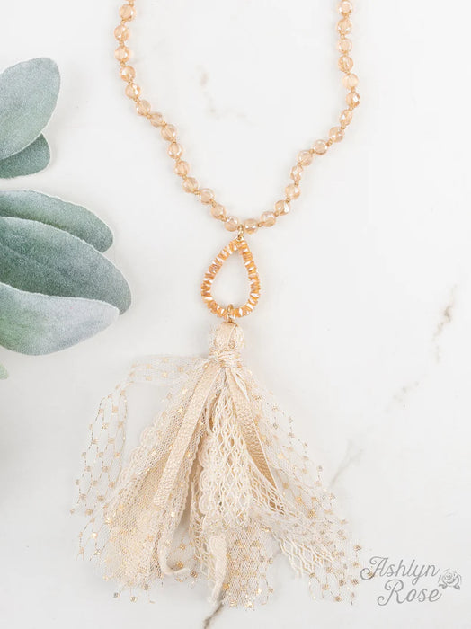 SO IN STYLE BEADED NECKLACE WITH TEARDROP PENDANT AND LACE TASSEL