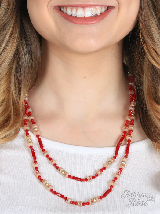 DAYA'S DOUBLE WRAP RED AND GOLD BEADED NECKLACE, 50"