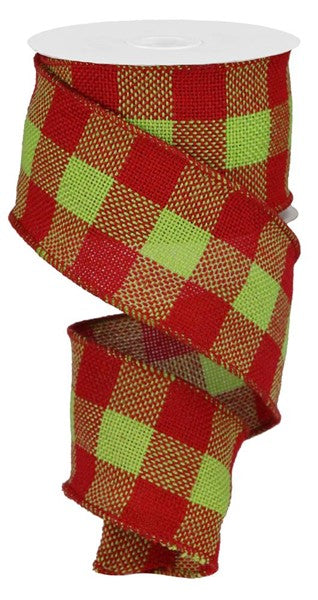 2.5"X10yd Faux Burlap Check Red/Lime