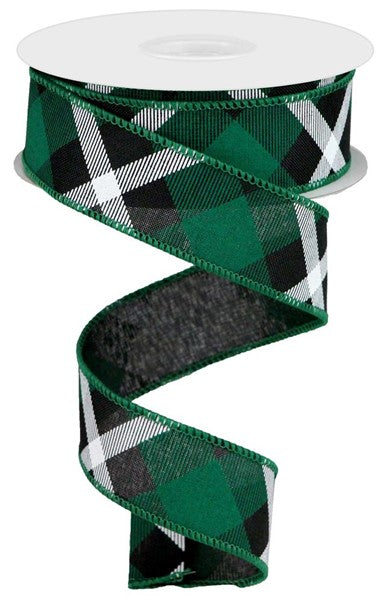 1.5"X10yd Printed Plaid On Royal Green/Black/White
