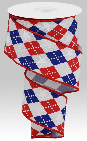 2.5"X10yd Argyle Stars On Royal White/Red/Blue