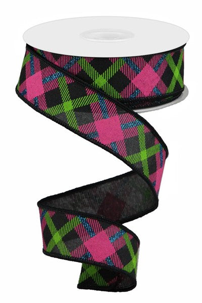 1.5"X10yd Printed Plaid On Royal Black/Lime/Hot Pink/Blue