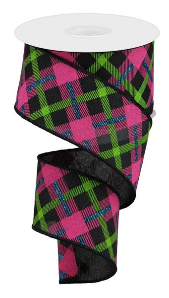 2.5"X10yd Printed Plaid On Royal Black/Lime/Hot Pink/Blue