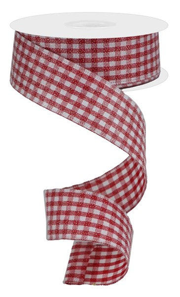 1.5"X10yd Glitter On Woven Gingham Check Red/White