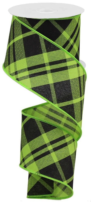 Lime Green/Black Printed Diagonal Plaid 2.5"