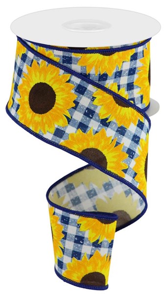 2.5"X10yd Sunflower On Faux Royal Dk Blue/Yellow/Org/Brown