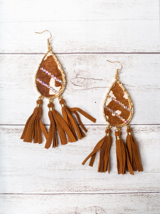 NOT MY FIRST RODEO BROWN COWHIDE TASSEL EARRING