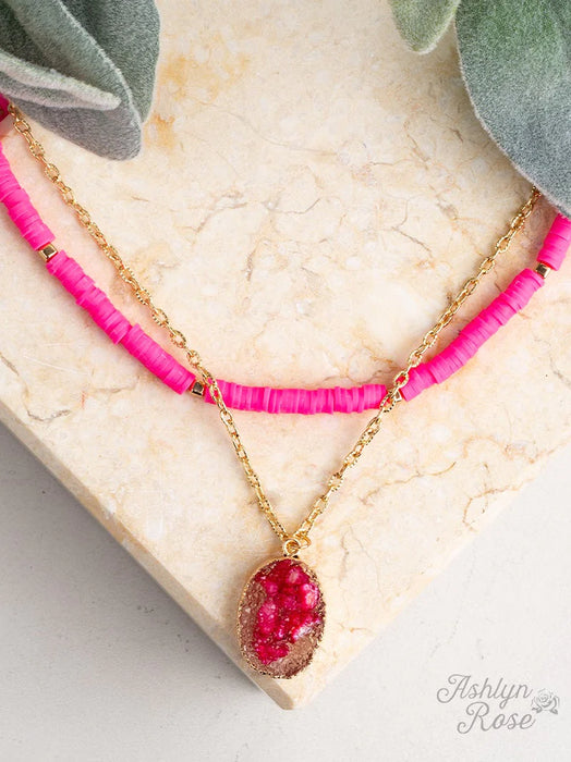 ALL SUMMER LONG BEADED LAYERED NECKLACE, NEON PINK