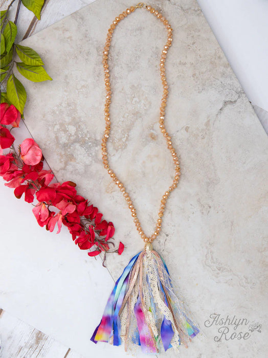 DYEING TO MEET YOU BEADED NECKLACE WITH TIE-DYE & LACE TASSEL