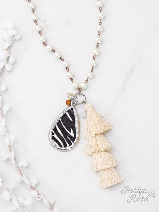 QUEEN OF THE JUNGLE BEADED NECKLACE WITH TASSEL & ZEBRA PENDANT