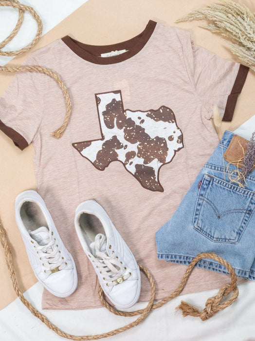 COW PRINT TEXAS PATCH ON OATMEAL RINGER TEE