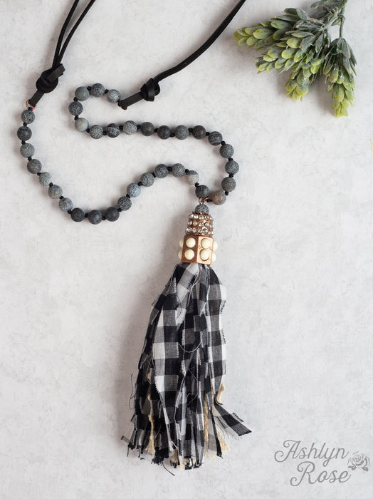 WOVEN TO YOU GINGHAM BEADED TASSEL NECKLACE