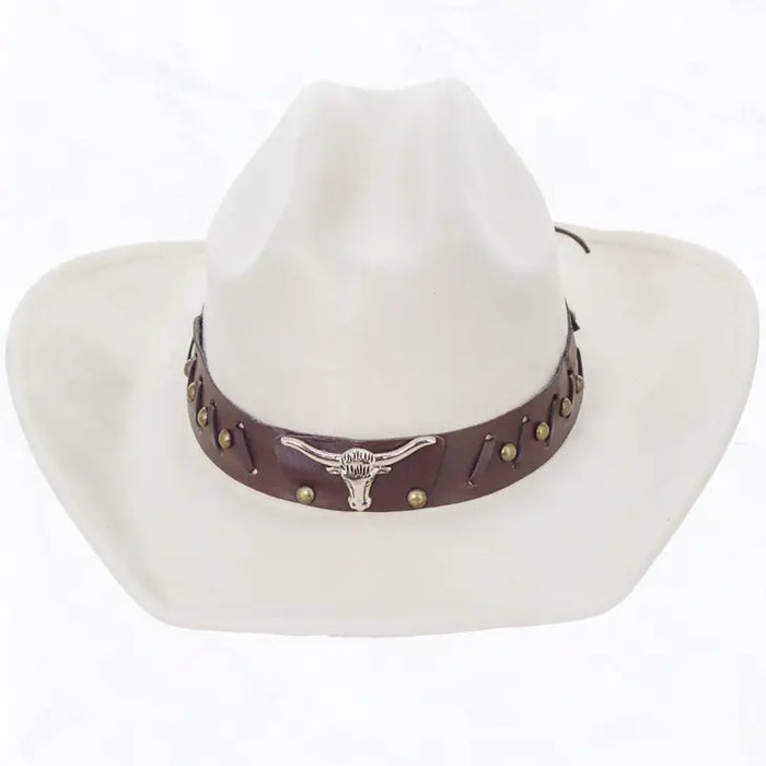 Metal Long Horn Leather Belt, Big Brim Suede Cowboy Fedora
