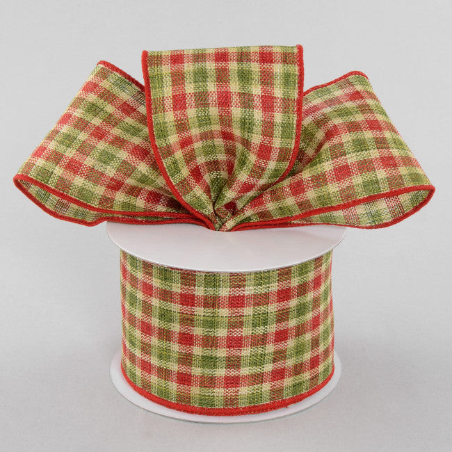 2.5" x 10 yd Royal Faux Burlap Plaid Ribbon: Red, Green, Cream