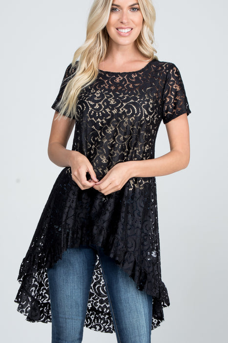 LACE HIGH LOW TUNIC TOP WITH RUFFLED PLUS SIZE