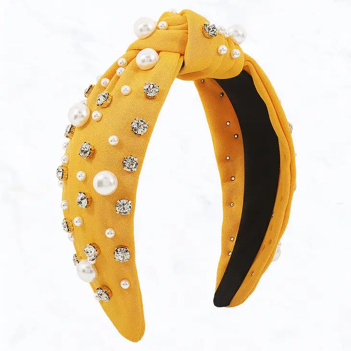 Top Knot, Rhinestones, Simulated Pearl, Fabric Head Band