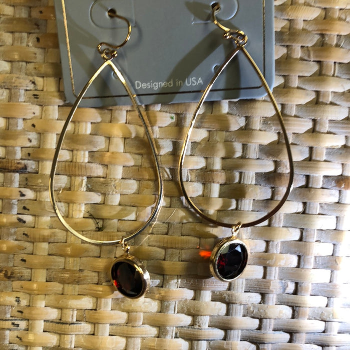 Gold Hoop Earring with Floating Ruby Red Round Stone
