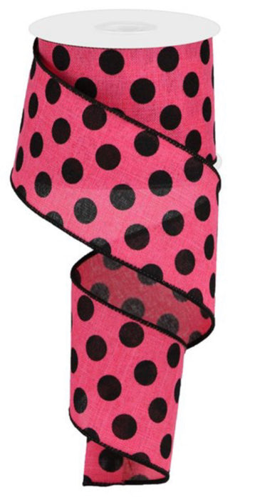 2.5” X 10 YD Medium Pink/Black Polka Dot Ribbon