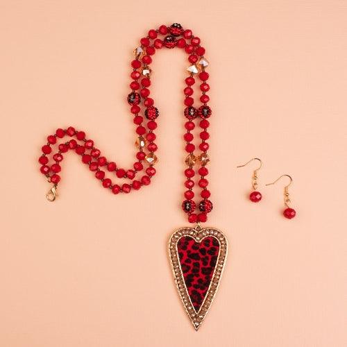 Leopard heart Necklace w/ red crystal drop earring