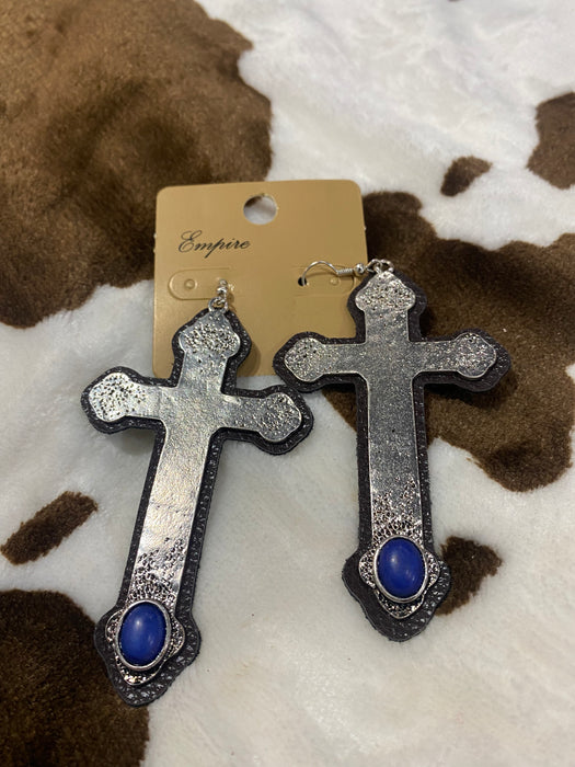SILVER CROSS EARRING WITH BLUE STONE