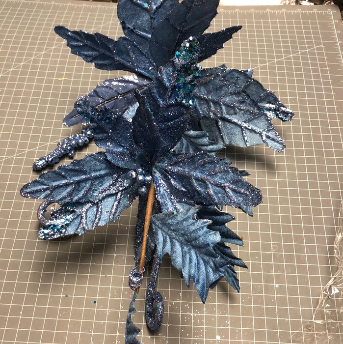 BLUE VELVET GLITTERED POINSETTIA PICK