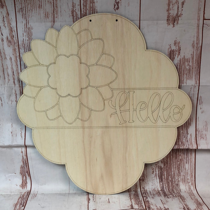 HELLO SUNFLOWER SHAPE Door Hanger with Paint Lines (UNPAINTED)