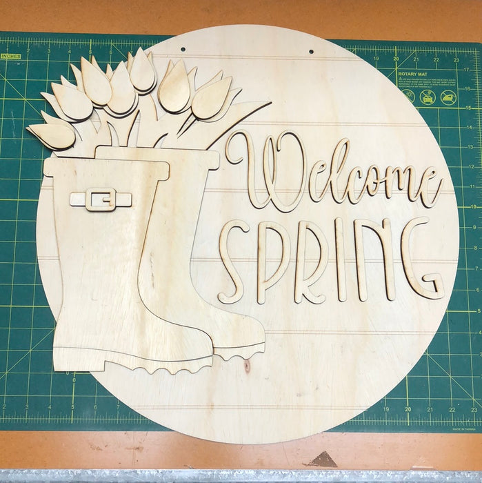 20 INCH ROUND BOOT WELCOME SPRING STACKED DOOR HANGER (UNPAINTED)