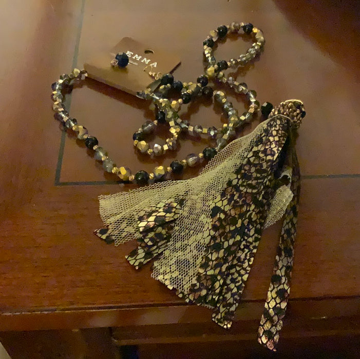 Black/Gold beaded Tassel Snakeskin Necklace with black drop earrings