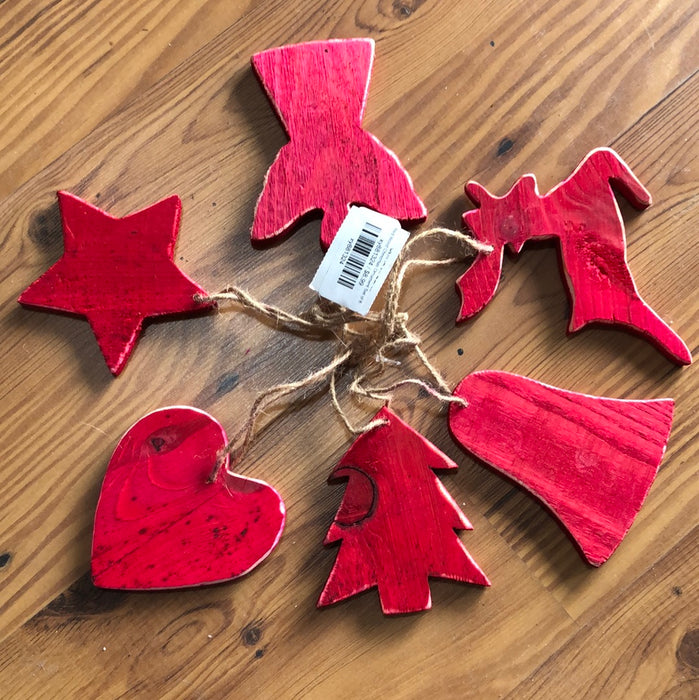 Red Wood Christmas Ornament Set of 6