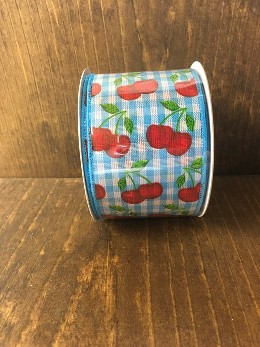 Blue Gingham Cherry Ribbon