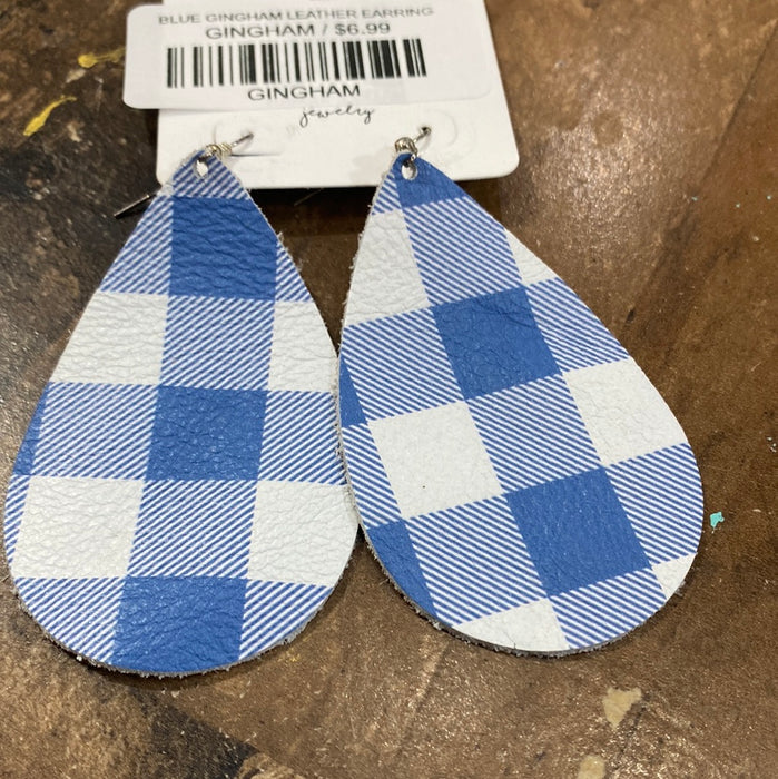 BLUE GINGHAM LEATHER EARRING