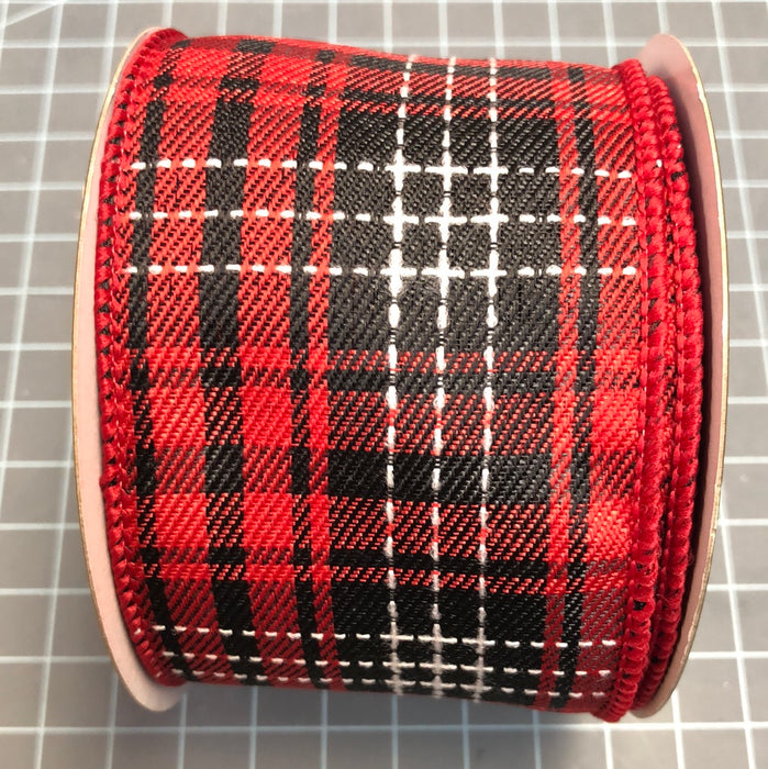 2.5"X10yd OFFSET PLAID RIBBON RED/BLACK/WHITE