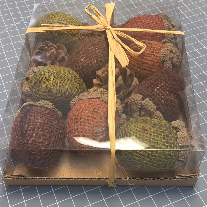 BOX OF LARGE ASSORTED COLOR BURLAP ACORNS WITH PINECONES
