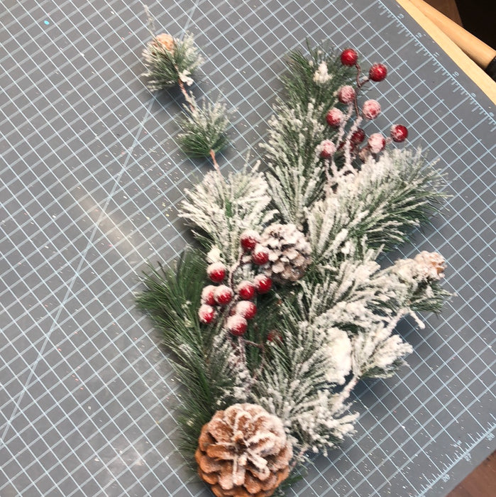 SNOWY PINE AND BERRY STEM WITH CONE