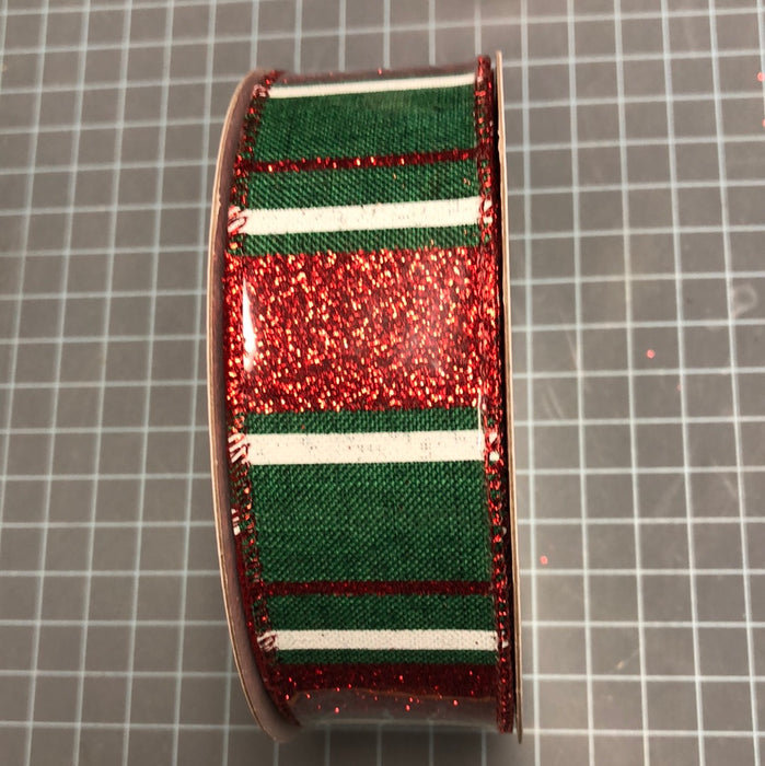 1.5"X10yd RED GLITTER GREEN AND WHITE STRIPE On Royal