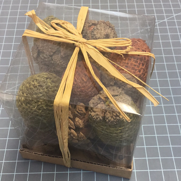 BOX OF ASSORTED COLOR BURLAP ACORNS WITH PINECONES