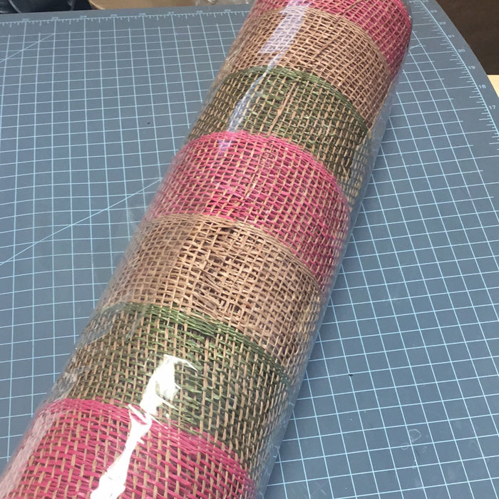 21" POLY BURLAP GREEN/NATURAL/PINK STRIPE