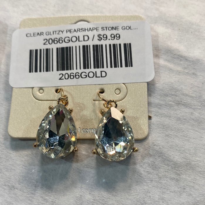 CLEAR GLITZY PEARSHAPE STONE GOLD SETTING EARRING