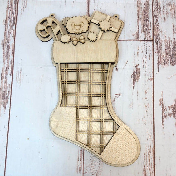 STOCKING WITH TOY BEAR STACKED SIGN (UNPAINTED)